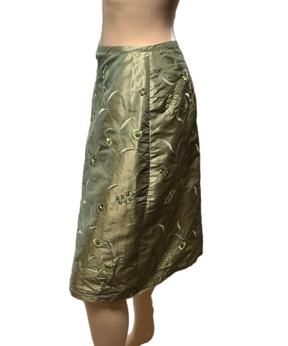 NY & CO Green Embroidered Floral Womens 100% Silk Pencil Skirt Size 6 Boho Chic - Picture 9 of 11